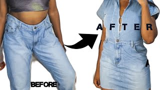 DIY Convert Old Jeans Into A DENIM DRESS Jeans Refashion [upl. by Avelin]