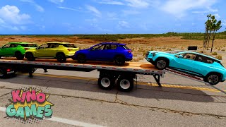 Double Flatbed Trailer Truck vs Speedbumps Train vs Cars  Tractor vs Train BeamngDrive 06 [upl. by Inoj877]