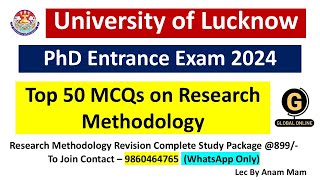 Top 50 MCQs On Research Methodology  PhD Entrance Exam 2024  University of Lucknow 2024 [upl. by Yrac]