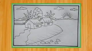 Very easy village scenery drawing  gramer drisso  gaon ka chitra ka drawing  pencil scenery [upl. by Pepi]