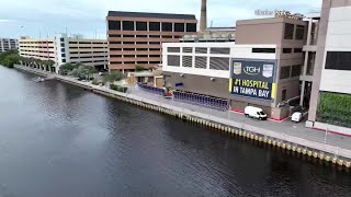 DRONE FOOTAGE AquaFence Around Tampa General Hospital in Preparation of Milton [upl. by Lorie]