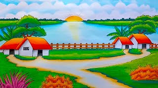 How to draw easy scenery drawing beautiful landscape village  Sunrise drawing  Village drawing [upl. by Nidla]