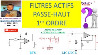 Filtre actif passehaut 1er ordre diagramme de Bode fréquence de coupure cours exercie corrigé [upl. by Ravens251]