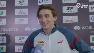 Mondo Duplantis Reacts to Nearly Breaking Pole Vault World Record Again at Shanghai Diamond League [upl. by Neliak250]