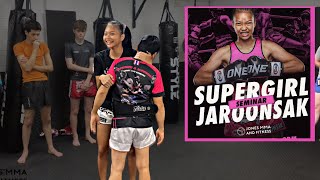 Supergirl Jaroonsak teaches her signature knee and basic muaythai clinch techniques [upl. by Akemehc]