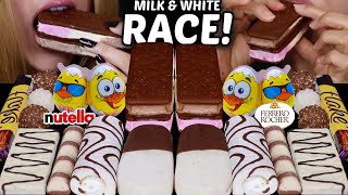 ASMR MILK amp WHITE CHOCOLATE RACE NEAPOLITAN ICE CREAM SANDWICHES SURPRISE EGGS ZEBRA CAKE KINDER [upl. by Lynch584]