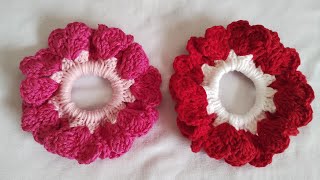 Xuxinhas de crochê com corações  Crochet heart scrunchies [upl. by Oakleil]