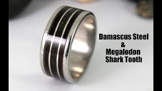 Damascus Steel Ring With Megalodon Shark Tooth amp Wood Inlay How To [upl. by Merrel475]