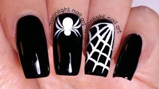 HALLOWEEN Nails Spider Web Black and White Nail Art Tutorial– by Moonlight Nail Art [upl. by Duer]