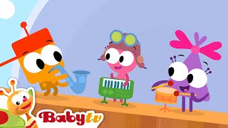 Making Music 🎸​🥁​​🎷 ​Guitar Drums Keyboard and a Saxophone  Videos for Kids BabyTV [upl. by Hallimaj]