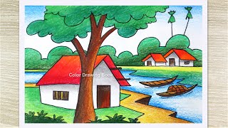 How to Draw a Beautiful Scenery with Color pencil Easy Scenery Drawing for Beginners [upl. by Hoag860]