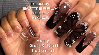 How to do Gel X Nails At Home  Easy Black Butterfly Jelly Nail Art  Beginner Friendly Step by Step [upl. by Sdlonyer486]