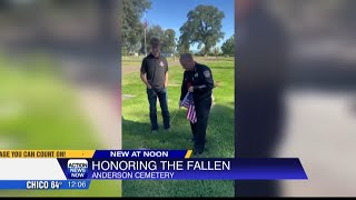 Anderson police chief Jon Poletski lays flags and flowers to honor the fallen heroes at the Anderson [upl. by Ojillek]