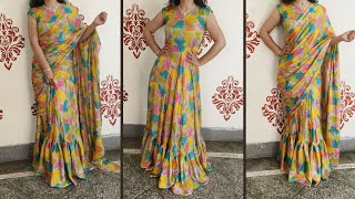 Ready to wear GownSaree tutorial easy cutting and stitching Trendy dress by Sandhya Tutorial [upl. by Aryaz]