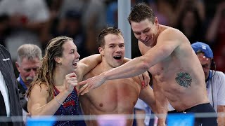 USA mixed 4x100M medley relay team breaks world record to win gold at Olympics [upl. by Bacon]