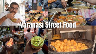 Varanasi Street Food  Kashi Chat Bhandar Blue Lassi Shop Ram Bhandar and more [upl. by Schulze]