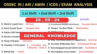 OSSSC RI ARI AMIN Question Paper Analysis  1st  2nd  3rd Shift  28 September  General Knowledge [upl. by Wildermuth]