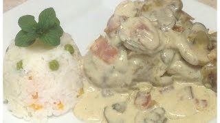 Pollo en Crema de Champiñones con Tocino RIQUÍSIMO Y MUY FACIL [upl. by Sihonn]