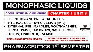 Monophasic Liquids complete  Syrup  Elixir  Liniments  Ch 1 U 3  Pharmaceutics  B Pharmacy [upl. by Oalsecnew]