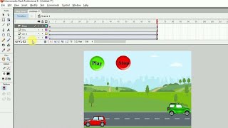 how to make a moving car in macromedia flash 8  play and stop button in flash  using button symbol [upl. by Enamart946]