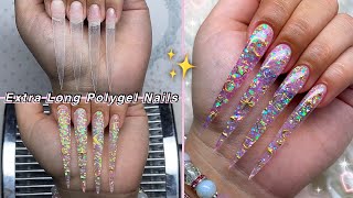 EXTRA LONG GLITTER POLYGEL NAILS✨ STILETTO NAILS amp MOON CHARMS DESIGN  Nail Tutorial [upl. by Neelyar]