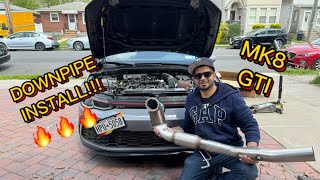 MK8 GTI DOWNPIPE INSTALL Milltek HiFlow Cat Jackstands No Subframe Removal [upl. by Iew]