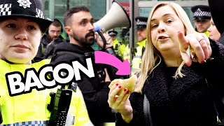 Police Defends Bacon Eating Troll At Vegan Protest [upl. by Yeldnarb]