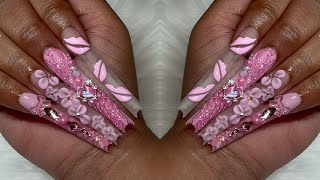 PINK FREESTYLE VALENTINES DAY NAILS  ACRYLIC NAILS acrylicnails [upl. by Uni460]