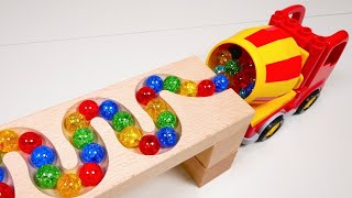 Marble Run Race ☆ HABA Slope Dump Truck amp Garbage Truck School Bus Forklift Tractors 01 [upl. by Callan]