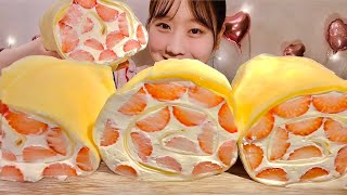 ASMR Strawberry Crepe Roll【Mukbang Eating Sounds】【English subtitles】 [upl. by Red]