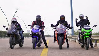 Kawasaki Ninja 400 Vs Yamaha R3 Vs KTM RC390 Vs Apache RR310  Long Race  Quad battle [upl. by Resaec46]