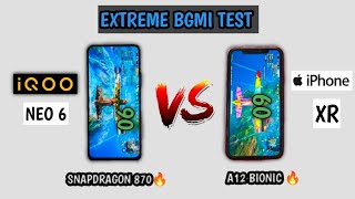 IQOO NEO 6 VS IPHONE XR BGMI TEST WITH FPS METER  SNAPDRAGON 870 VS A12 BIONIC 🔥 [upl. by Melicent]