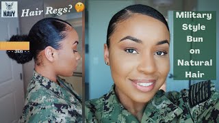 Military Style Bun With Natural Hair  Sleek Bun Tutorial  US Navy  Military Hair Regs  imsymmone [upl. by Reinke259]