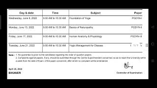 MGSU PG DIPLOMA YOGA timetable 2022 [upl. by Htebiram108]