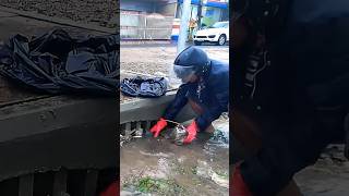 How to clean up plastic that clogged culvert drain when the raindrops shorts cleaning satisfying [upl. by Yema]