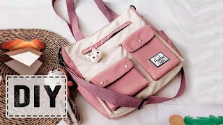 DIY Korean Design Tote Bag Many Pockets Style Making from Cloth [upl. by Meir]