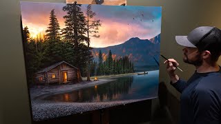 Landscape Oil Painting quotLakeside Heavenquot  Cabin at Sunrise [upl. by Htiderem]