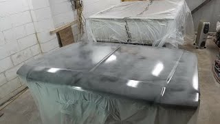 Block sanding some Evercoat Slick Sand polyester primer on an 84 Ford F150 hood bodywork [upl. by Nomzzaj29]