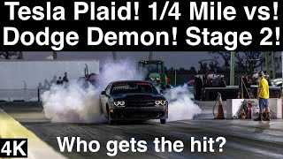 Tesla Plaid gives STAGE 2 Dodge Demon the Hit 14 Mile Drag Racing in 4K UHD [upl. by Bore381]