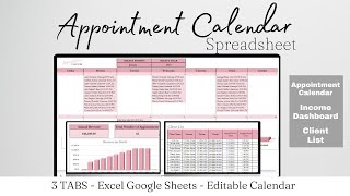 Appointment Calendar Excel Template Spreadsheet Appointment Booking Google Sheets Calendar Business [upl. by Cherian475]