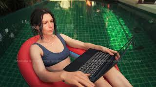 Business woman on holiday is working on laptop floating in open swimming pool on inflatable ring [upl. by Fleece]