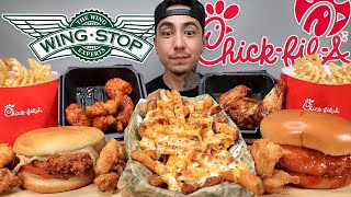 MUKBANG EATING Chick Fil A Deluxe Sandwich SAUCY Voodoo Fries Wingstop Mango Habanero Sandwich [upl. by Norrahc22]