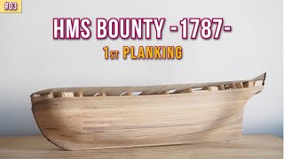 First layer of PLANKING  HMS BOUNTY Amati Step By Step Model Ship Build [upl. by Nickelsen134]