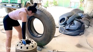 Super fast percentage tire change  Trang repair girl [upl. by Aneliram298]