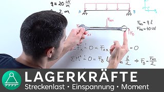 Lagerkräfte berechnen 3 Streckenlast  Technische Mechanik 1  INGTUTOR [upl. by Wendie389]