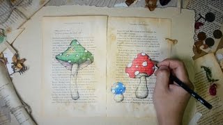 Drawing mushrooms on old book pages  JayArt [upl. by Drahnreb]