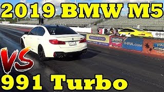 TUNED 2019 BMW M5 Comp F90 vs TUNED Porsche 991 Turbo Drag Race  Road Test TV® [upl. by Gautier]