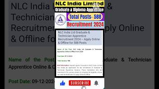 NLC India Limited Recruitment 2024 shorts education [upl. by Ryhpez202]