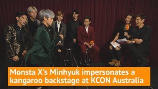 Monsta Xs Minhyuk impersonates a kangaroo  Backstage KCON 2017 Australia [upl. by Hayikaz]