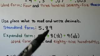 5th Grade Math 32 Place Value of Decimals ReadWrite Standard Expanded Word Forms [upl. by Acinoed]